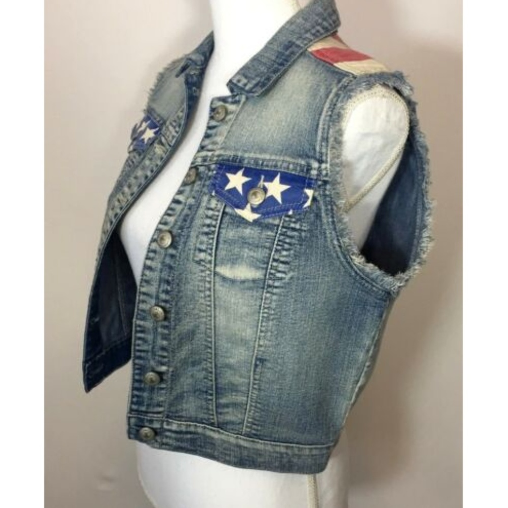 L.E.I. 4th of July Red White Blue Flag Denim Vest